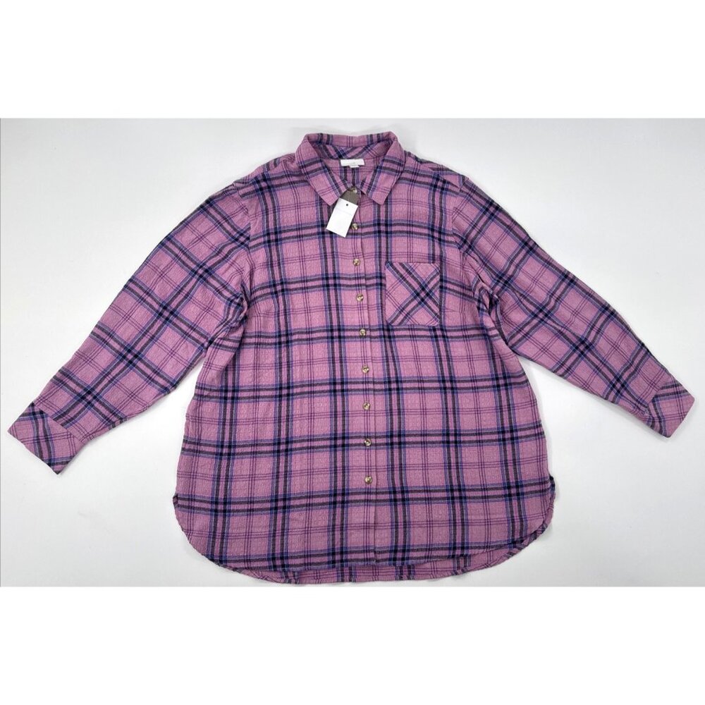 J. Jill Womens Button Up Shirt XL Pink Plaid Long Sleeve Textured Cabincore NEW